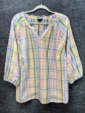 Talbots Ruffle Tunic Top Womens 2X Multicolor Plaid 3/4 Sleeve Popover Peasant